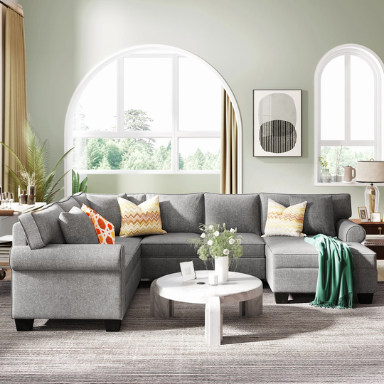 3 pcs Chenille Sectional Sofa Upholstered Rolled Arm Classic Chesterfield Sectional Sofa 3 Pillows Included