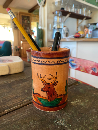 Vintage Leather Pencil Holder Cactus & Deer Buck Sonora