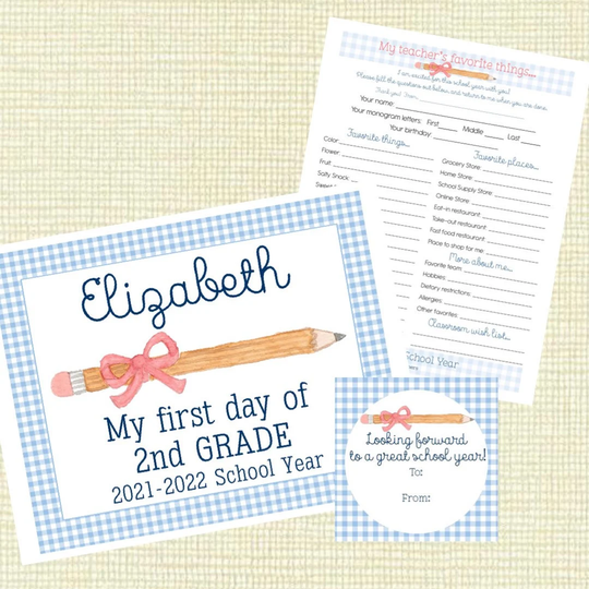 1st Day Of School Sets - "Bow Pencil, Lt Blue Gingham" - Includes Custom Sign, 2 Teacher's Favorite Things Sheets, 4 Gift Tags