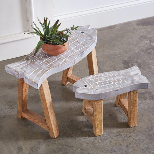 Set of Two Wood Carved Fish Tables - Largest is 16½''W x 8''D x 12''H