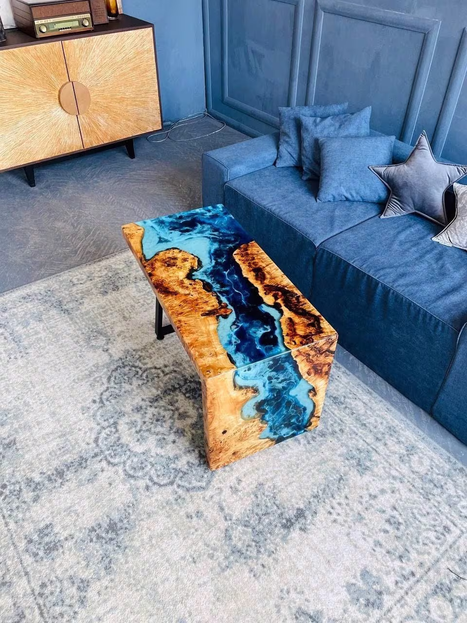 Resin Dining Table, Coffee Table, Blue Epoxy Top, Custom Made Ocean Wave Table Center Top