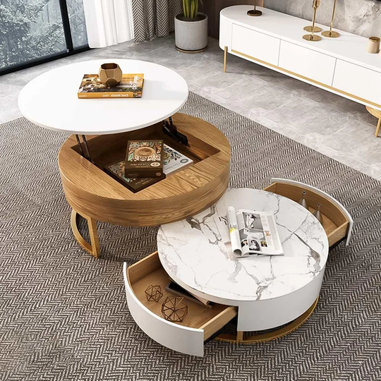 Modern Nesting Coffee Table Set With Sintered Stone Top, Lift-Top Coffee Table Set Of 2, 31.5", Light Brown