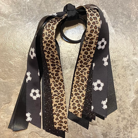Choose Your Sport & Colors - Black Wildcat Soccer Bow, Hair Streamer, Ponytail Ribbon, Cheetah Tie, Volleyball, Softball, Leopard