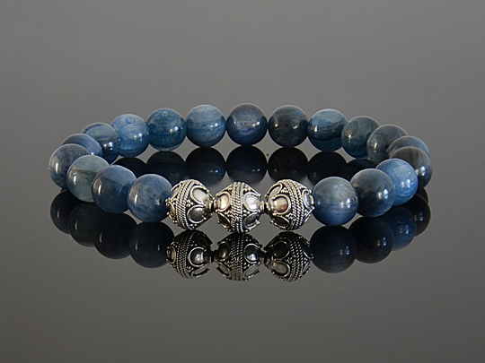 Genuine Kyanite & 925 Sterling Silver 10mm Mens Beaded Statement Bracelet