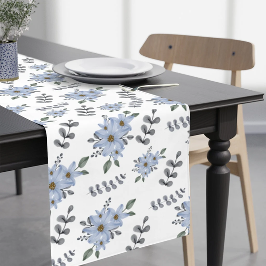 Blue Flower Table Runner, Mothers Day Gift, Spring Housewarming Gray Decor