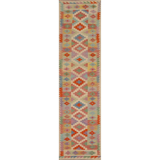 Geometric Kilim Multi-Color Runner Rug Flat-weave Oriental Wool Carpet - 2'8"x 12'9"