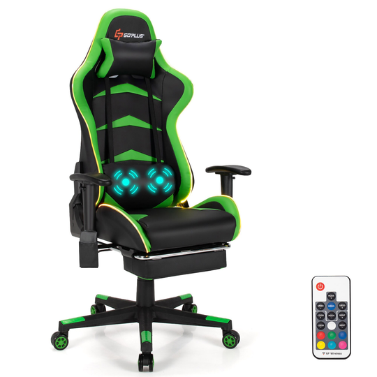 Goplus Massage LED Gaming Chair Reclining Racing Chair w/Lumbar