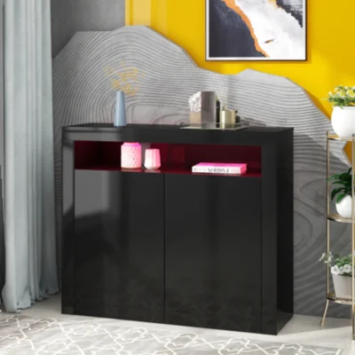 TREXM High Gloss Sideboard Mordern 2-Door Storage Cabinet With LED Lights, 16 Colors (Black)