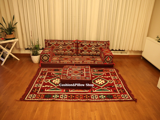 Bench Cushions Red Arabic Sofa, Majlis Bohemian Decor, Couch, Oriental Custom Order Ottoman Floor Sofa