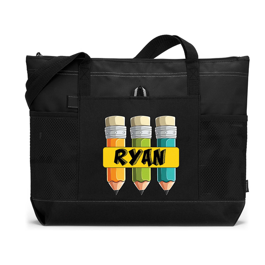 Boy Pencils - Personalized Printed Tote Bag With Mesh Pockets