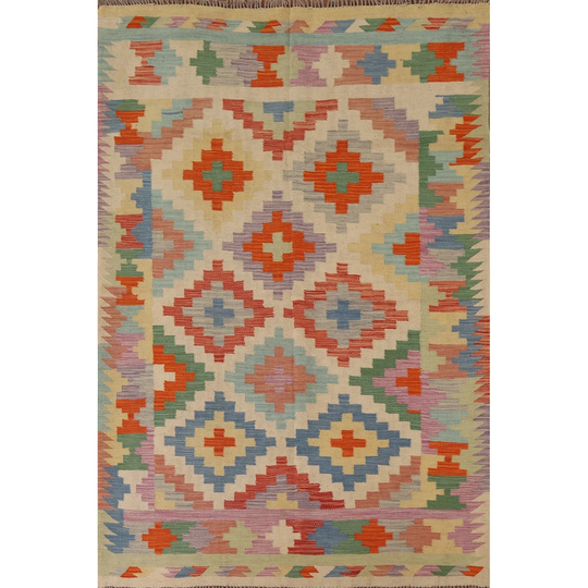 Colorful Geometric Kilim Area Rug Hand-woven Oriental Wool Carpet - 4'8"x 6'10"