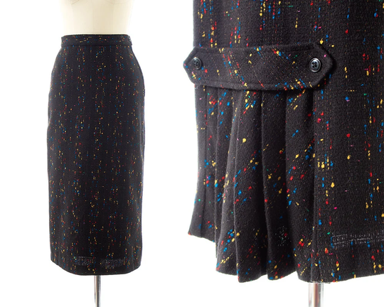 Vintage 1980S Pencil Skirt | 80S Does 50S Flecked Wool Black High Waisted Pleated Kick Secretary Work | x-Small