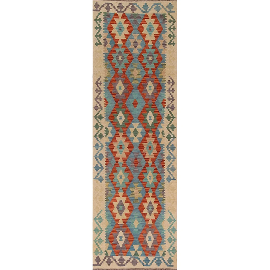 Geometric Kilim Oriental Runner Rug Multi-Color Hand-woven Wool Carpet - 2'9" x 9'9"