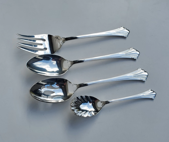 Reed & Barton Highlands Pattern - Set Of 4 Serving Pieces Glossy Silverplate Large Oval Spoon Pierced Sugar Big Fork