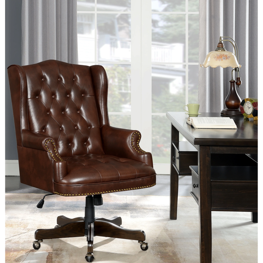 Button Tufted Brown Executive Office Chair with Nailhead Trim