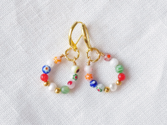 Millefiori Pearl Earrings | Colorful Hoop Drop Small Glass Bead With Multicolor Beads Gold Leverback