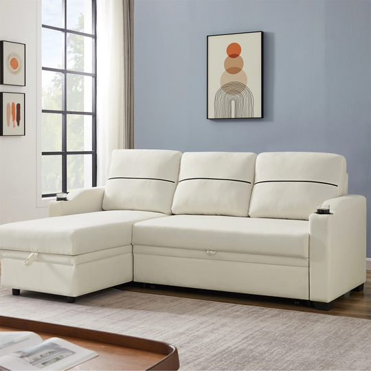 Sectional Sofa Bed Fabric Padded Pull-out Chaise Storage Cup Holder