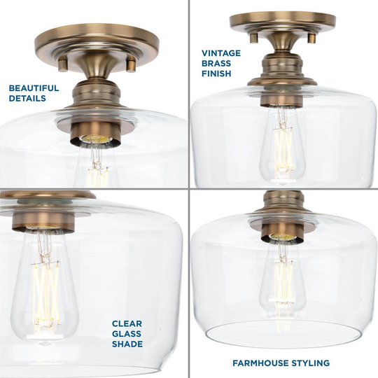 Aiken Collection One-Light Vintage Brass Clear Glass Farmhouse Flush Mount Light - 9 in x 9 in x 9 in