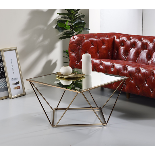 Coffee Table, Mirrored & Champagne Gold Finish Square table top is paired with irregular metal base