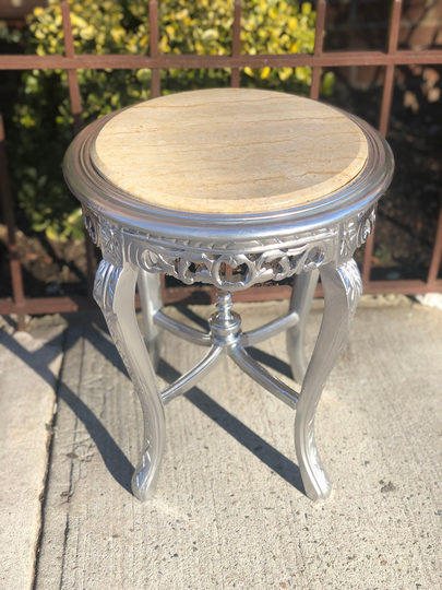 Baroque Silver Wood End Table With Marble Top