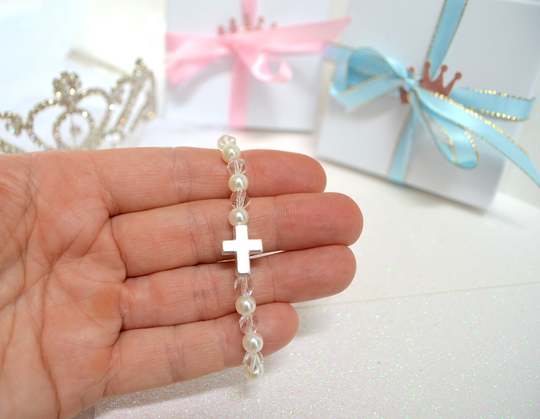 Girls Pearl & Sparkly Crystals Personalized Bracelet, Silver Kids Cross Baby Baptism Gift, Shower, First Communion Jewelry