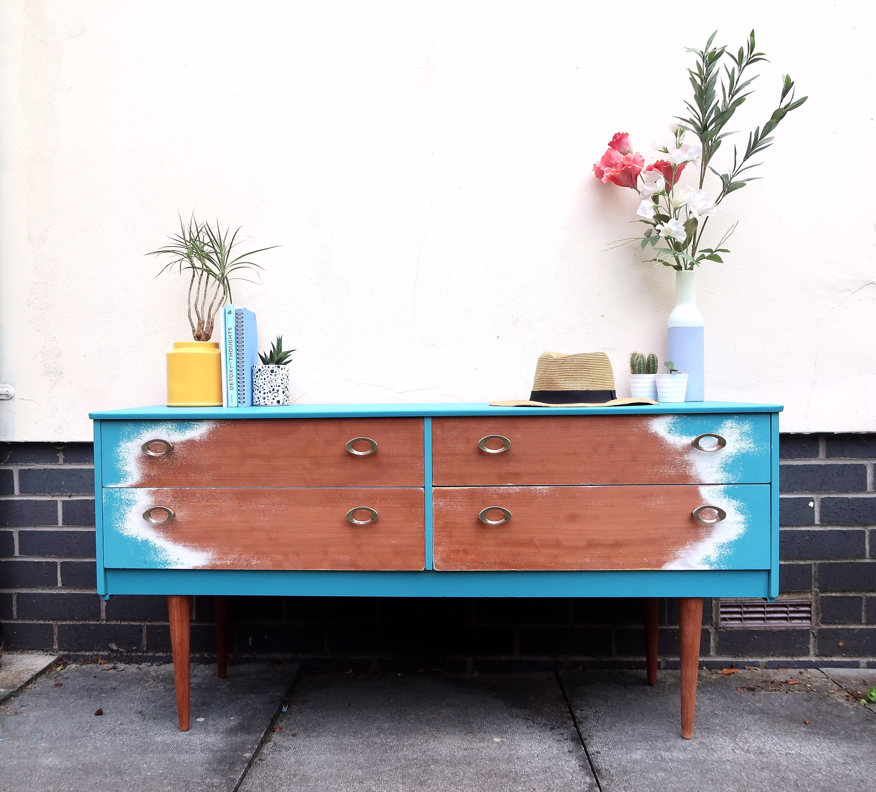 Blue Vintage Mid Century Modern Upcycled Sideboard | 1960's Hand Painted Retro Furniture Drawers Dressing Table