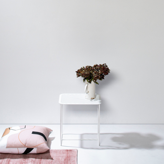 Side Table Made Of White Metal With Gridded Top Can Be Used As A Coffee Or Bedside