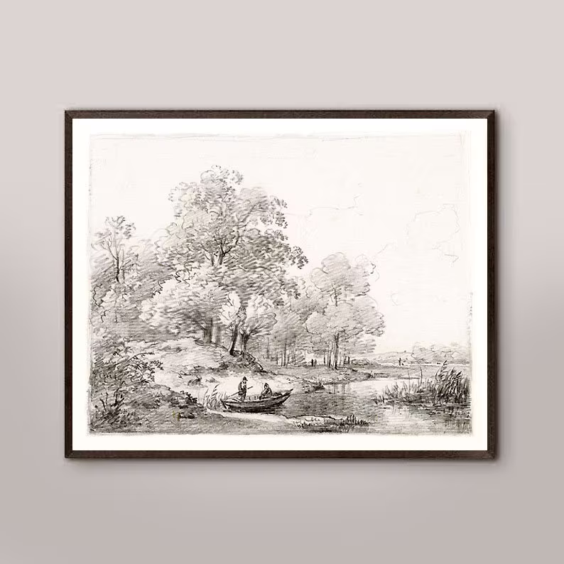 Pencil Sketch Landscape Art Print, Home Decor, Landscape Vintage Drawing, Neutral Lake