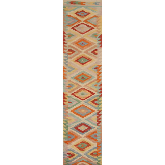 Kilim Multi-Color Geometric Runner Rug Hand-woven Oriental Wool Carpet - 2'7"x 16'0"