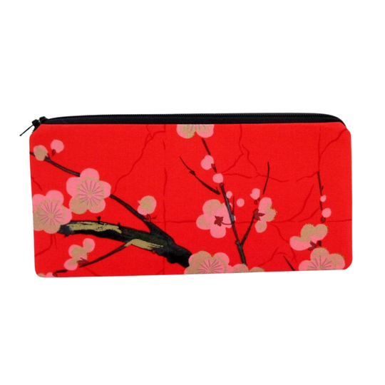 Pencil Pouch Zippered, Asian Cherry Blossoms, Golden Garden, Red Money Purse
