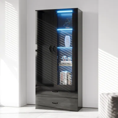 Storage Cabinet With Drawers, Side Cabinet With With LED Lights, White