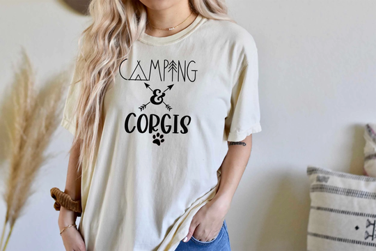 Comfort Colors Camping & Corgis Shirt, Soft Cozy Tshirt, Dogs Dog Vacation Hiking Shirt
