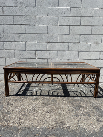 Rattan Coffee Table Cocktail Bohemian Boho Chic Accent Stand Chippendale Chinese Faux Bamboo Palm Beach Chinoiserie Hollywood Regency