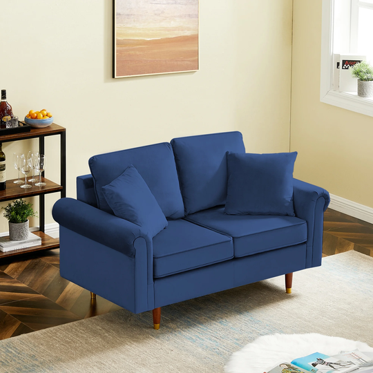 Modern Velvet Sofa Couch with 2 Pillows, Wood Legs Loveseat Sofa with Thickened Padding Cushions and Rolled Arms, Blue