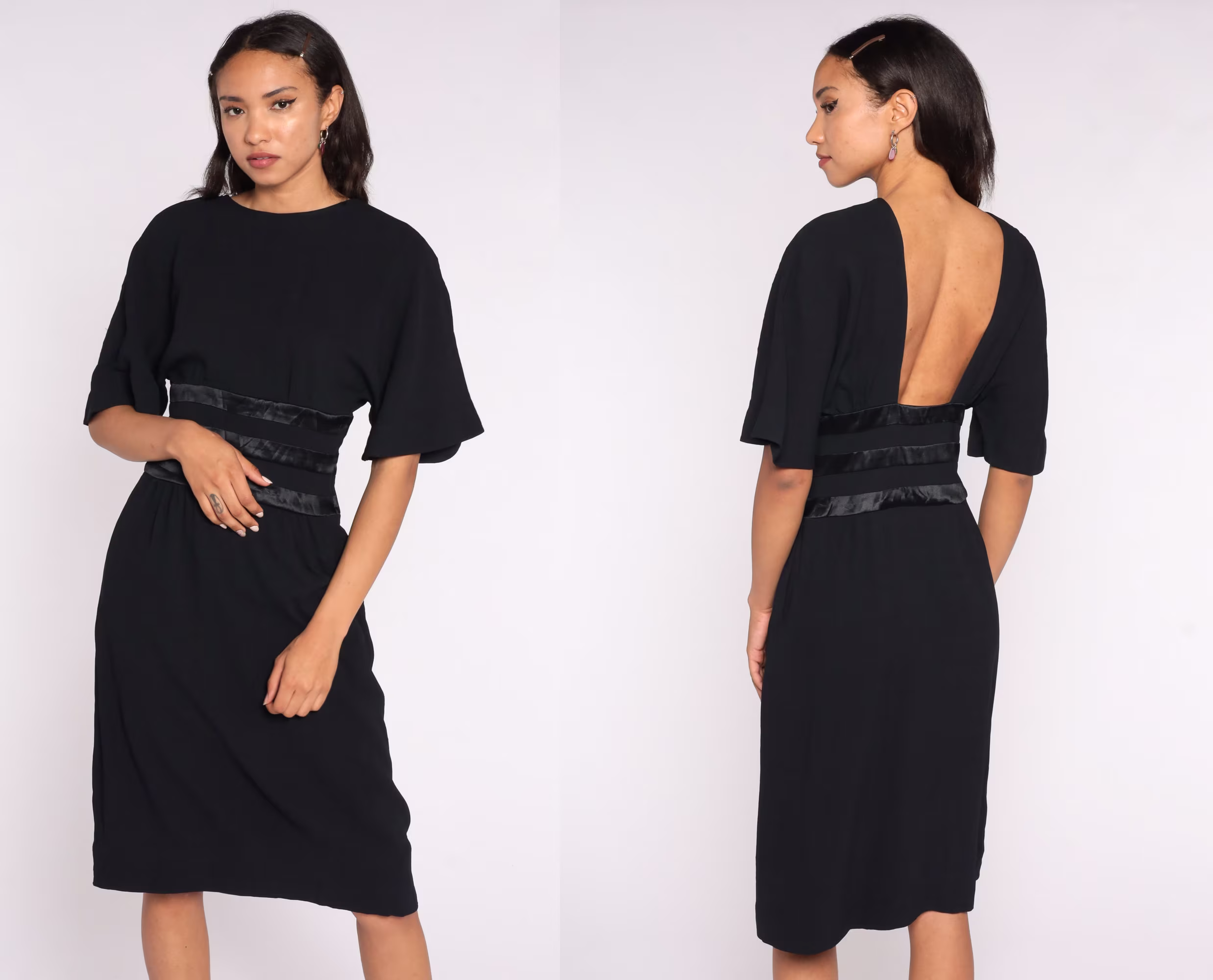 Black Party Dress 80S Low Back Flutter Sleeve Wiggle Backless Midi Shift Sheath Cocktail Vintage Pencil Small S