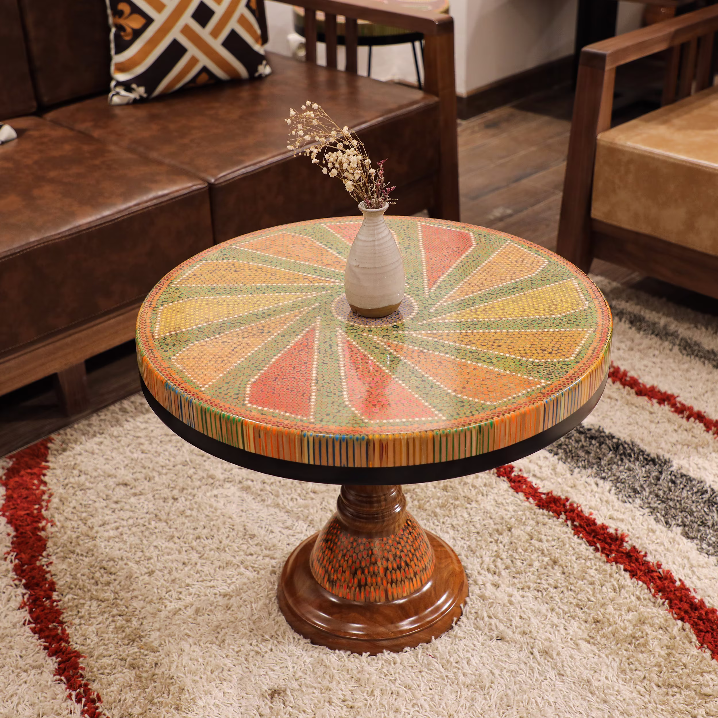 Unique Round Coffee Table Top - Handmade Resin Colored Pencil