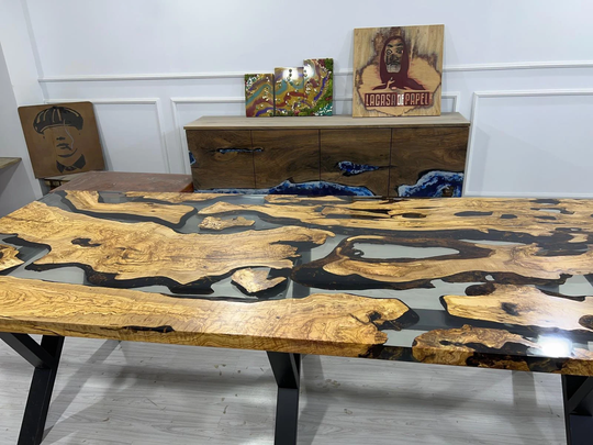 Olive Wood Epoxy Table, Custom 108" X 44" Clear Table, Live Edge Order For Jessica A
