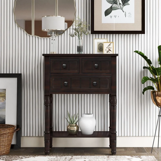 Moda Narrow Console Table, Slim Sofa Table with Three Storage Drawers