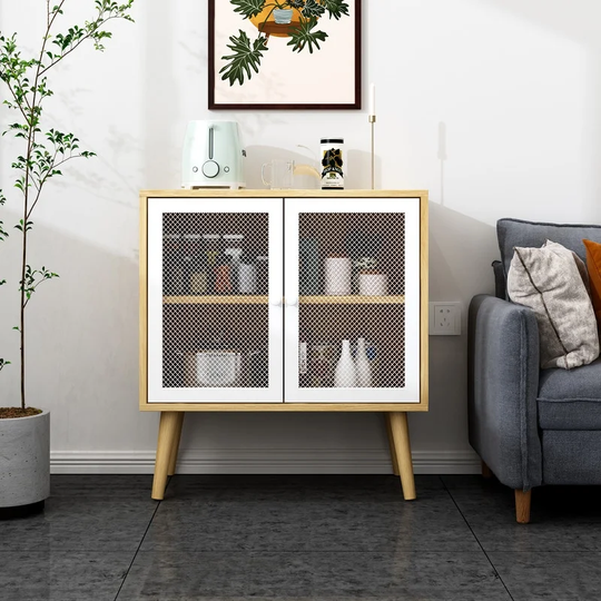Storage Cabinet with 2 Mesh Door, Buffet Sideboard Storage Cabinet Mid Century Modern Console Table Coffee Bar Accent Cabinets