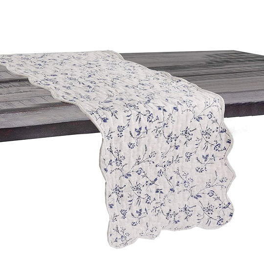 Cozy Line Blue Floral Quilted Linen Table Runner