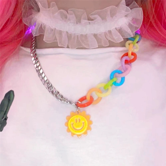 Y2K Necklace, Inspired Colorful Handmade 90's Rainbow Cute Link Chain Sun Smile Pendant, Retro Charm