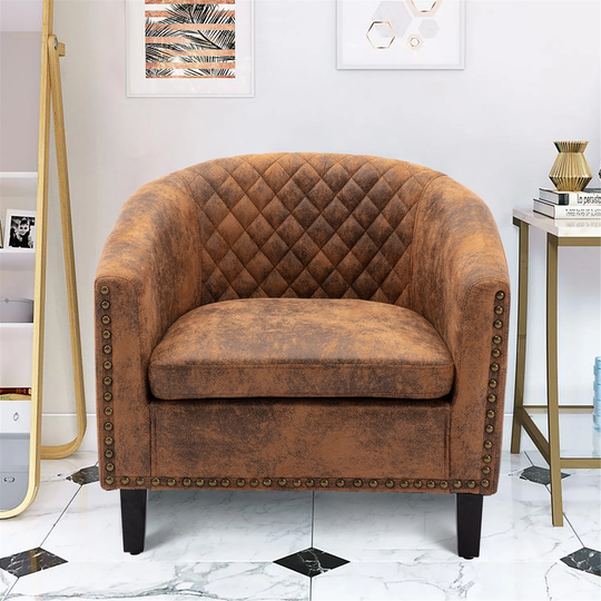 Modern Accent Barrel Chair with Nailheads, Wood Legs and Chrome Nailhead Trim, Living Room Chair with Curved Edges, Coffee