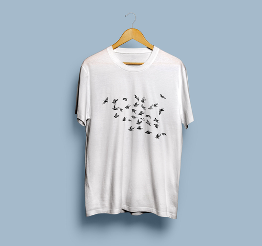 Flying Birds Minimalist Unisex T-Shirt, Pencil Sketch Flock Of Art, Simple Men Tshirt, Neutral Women Tee Gift, Line Drawing Graphic