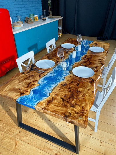 Dining Table, Epoxy Resin River Blue Custom Order Center Table Top, Natural Wood