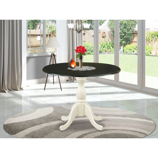 DST-BLW-TP - Dining Room Table with Drop Leaves - Black Table Top and Linen White Pedestal Leg Finish - Multi