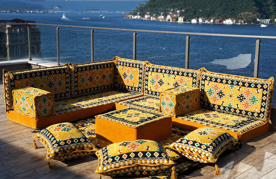 Gold L Shaped Floor Couch, Corner Seating, Pillows, Arabic Seating Majlis, Moroccan Livingroom Cushion, Meditation Yoga Sofas