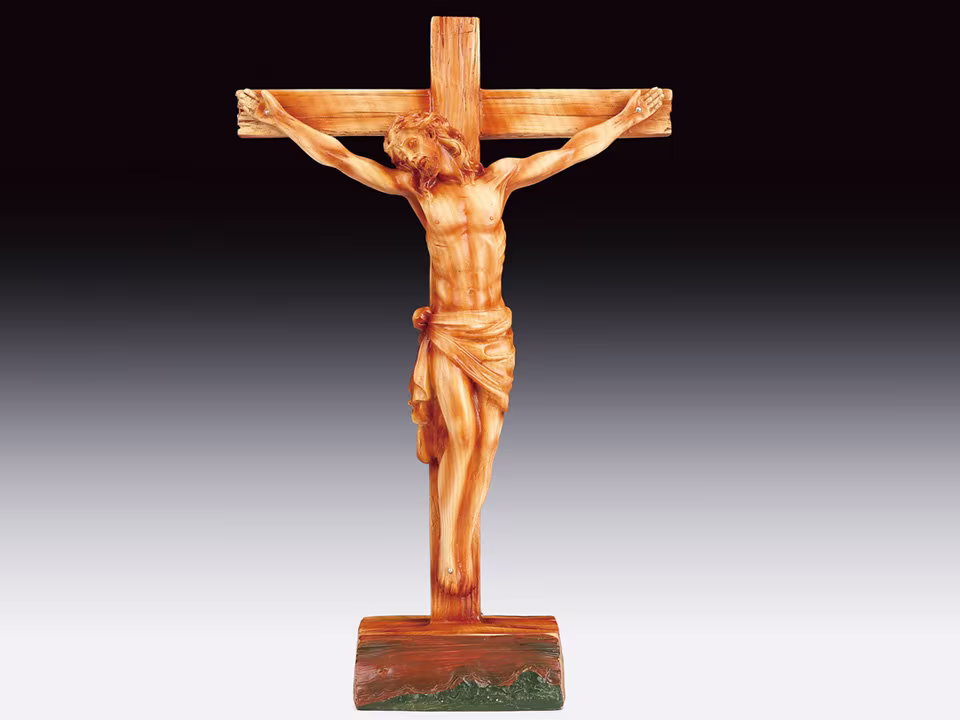 Jesus Crucifix Wood Faux Carved Table Statue Beautiful Hand Painted New