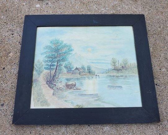 Vintage 1908 Signed Pencil Drawing, A Cabin On A Lake, Antique Art Painted Wooden Frame, Under Glass, Blue, Green, Mountains