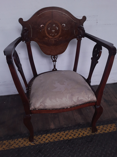 An Antique Very Unique Affordable French Victorian Carved Walnut Corner Chair With Inlaid Motif & Brass Nail Heads Trim