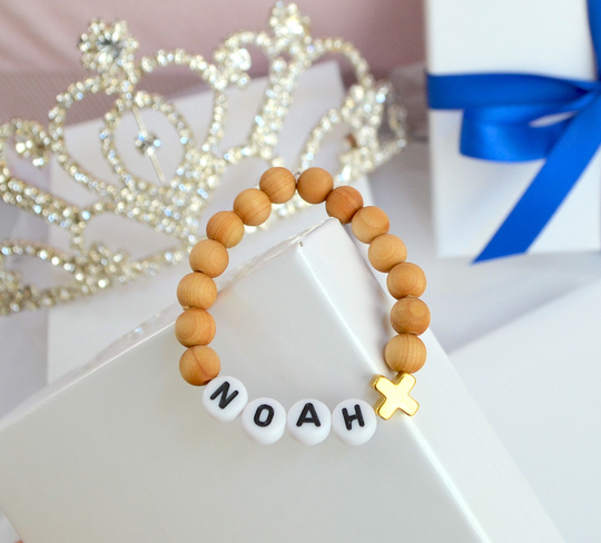 18K Gold Cross Baby Personalized Bracelet, Boys Girls Wood Kids Baptism Shower, Communion